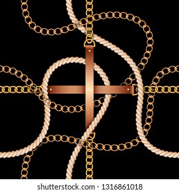 Seamless pattern with belts, chains and rope on black background