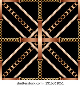 Seamless pattern with belts, chains and rope on black background