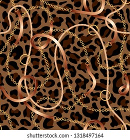 Seamless pattern with belts, chains and rope on leopard skin background