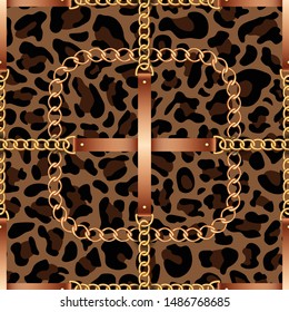 Seamless pattern with belts, chains and rope on leopard skin background