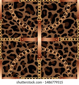 Seamless pattern with belts, chains and rope on leopard skin background