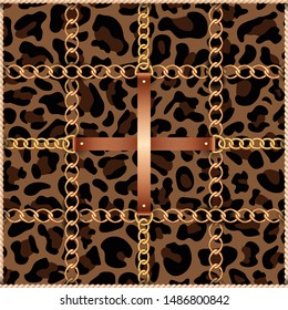 Seamless pattern with belts, chains and rope on leopard skin background