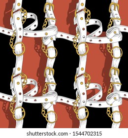 Seamless pattern with belts and chains in  square form. Vector.