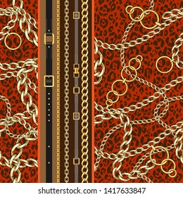 Seamless pattern belts and gold chain leopard background for fabric. Trendy luxury repeating border print.