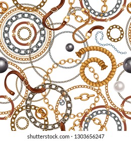 Seamless pattern with belts and gold and silver chains for fabric design, wallpapers, prints. Vector background with metallic accessories.
