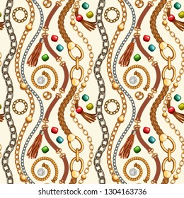 Seamless pattern with belts and gold and silver chains, fringe for fabric design, wallpapers, prints. Vector background with metallic accessories.