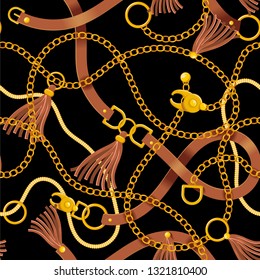 Seamless pattern with belts, gold silver chain and braid for fabric design fashion print t shirt poster textile embroidery on tee. Rich beauty vintage retro style illustration. Trendy graphic design.