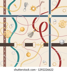 Seamless pattern with belts, golden chain and rings for fabric design vector illustration.