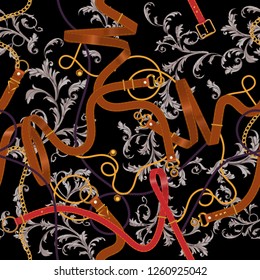 Seamless pattern with belts, golden chains, and baroque leaves. Striped patch for scarfs, print, fabric.