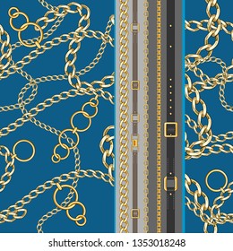 Seamless pattern with belts and golden chains fashion background for fabric. Trendy repeating border print.