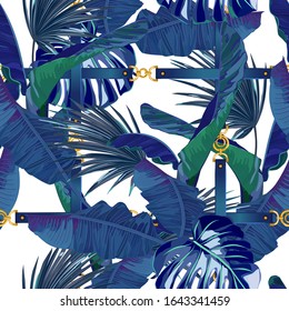 Seamless pattern with belts and palm leaves. Abstract print. Tropical trend. Vector illustration