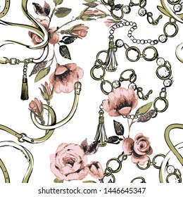 Seamless pattern with belts, ropes, straps and flowers. Vintage floral sketch on white background. Baroque fabric design. Flowers on belts, nature and art.