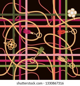 Seamless pattern with belts,chains, pendant and tassels. Colorful trendy print for fabric, scarf, cravat design. Vector