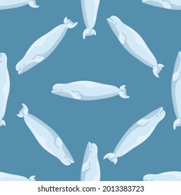 Patrón sin foco Beluga sobre fondo azul. Plantilla de caricatura del océano para niños. Textura diagonal repetida con cetáceo marino. Diseño para cualquier propósito. Ilustración vectorial.