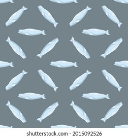 Seamless pattern Beluga on gray background. Template of cartoon character of ocean for children. Repeated diagonal texture with marine cetacean. Design for any purposes. Vector illustration.