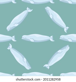 Seamless pattern Beluga on teal background. Template of cartoon character of ocean for children. Repeated diagonal texture with marine cetacean. Design for any purposes. Vector illustration.