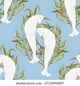 Seamless pattern with beluga whales and long green algae. Realistic vector pattern.