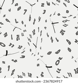 seamless pattern of bending clocks on white background 