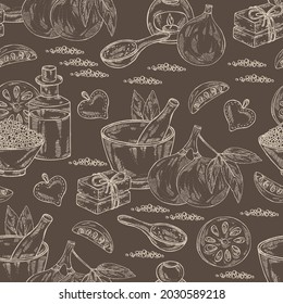 Seamless pattern with bengal quince: baile fruit, bengal quince slice. Sacred plant. Oil, soap and bath salt . Cosmetics and medical plant. Vector hand drawn illustration