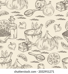 Seamless pattern with bengal quince: baile fruit, bengal quince slice. Sacred plant. Oil, soap and bath salt . Cosmetics and medical plant. Vector hand drawn illustration