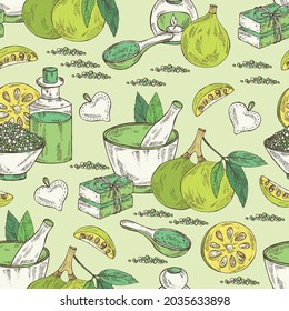 Seamless pattern with bengal quince: baile fruit, bengal quince slice. Sacred plant. Oil, soap and bath salt . Cosmetics and medical plant. Vector hand drawn illustration