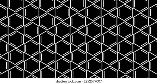 Seamless pattern with benzene aromatic rings structures in organic chemistry with white line on black background 