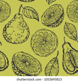 Seamless pattern with bergamot on the green background