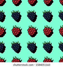 Seamless pattern with berrie. Blackberry and raspberry on cyan background. Endless vector background with summer fruits. Design for kitchen or garden print, texture. 