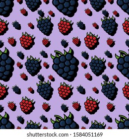 Seamless pattern with berrie. Blackberry and raspberry on creamy pastel background. Endless vector background with summer fruits. Design for kitchen or garden print, texture. 