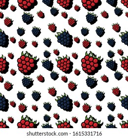 Seamless pattern with berrie. Blackberry and raspberry on white background. Endless vector background with summer fruits. Design for kitchen or garden print, texture. 