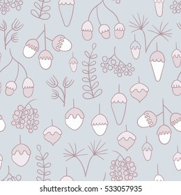 Seamless pattern with berries, acorns and other plants