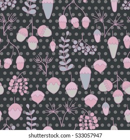 Seamless pattern with berries, acorns and other plants