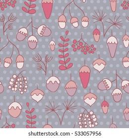 Seamless pattern with berries, acorns and other plants