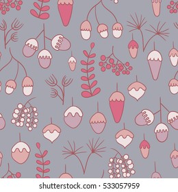Seamless pattern with berries, acorns and other plants