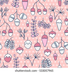 Seamless pattern with berries, acorns and other plants