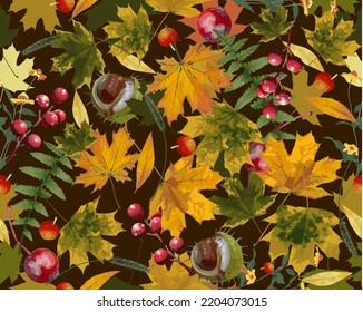 Seamless pattern with berries and autumn maple leaves. Pattern for fabric, for camouflage fabric. Vector illustration. 