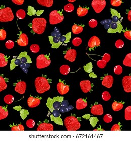 Seamless pattern of berries. Background design for strawberry, cherry, black currant on black background.