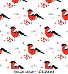 Seamless pattern with berries and bird. Graphic print with a bullfinch, floral texture on a white background. Drawing for fabric, greeting card, web site.