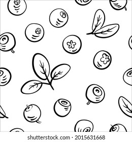 Seamless pattern with berries in black line sketchy style isolated on white background. Doodle hand drawn vector illustration