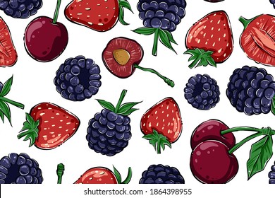 Seamless pattern of berries. Blackberry, cherry and raspberry. Color, vector.