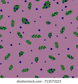 seamless pattern with berries and blueberry leaves on a lilac background