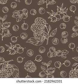 Seamless pattern with berries: blueberry, raspberries, bog whortleberry and  cranberry. Vector hand drawn illustration.