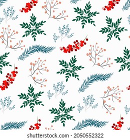 Seamless pattern with berries and branches of the Christmas tree and snowflakes.