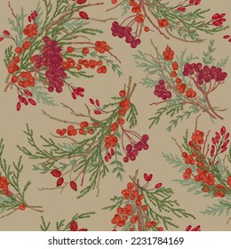 Seamless pattern with berries and branches. Kraft.