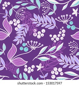 Seamless pattern with berries, branches and leaves on violet background. Autumn Wallpaper Texture. Digital Or Wrapping Paper.