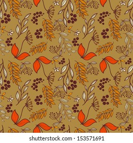 Seamless pattern with berries, branches and leaves on brown background. Autumn Wallpaper Texture. Digital Or Wrapping Paper.