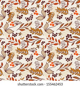 Seamless pattern with  berries, branches and leaves on light background. Autumn Wallpaper Texture. Digital Or Wrapping Paper.