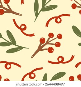 Seamless pattern with berries, branches and red ribbons. Vector illustration