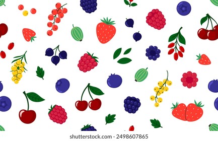 Seamless pattern with Berries. Cherry, black currant, raspberry, gooseberry, blueberry, blackberry, strawberry, barberry, sea buckthorn. Fresh summer juicy berry background. Flat Vector illustration