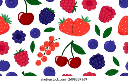 Seamless pattern with Berries. Cherry, raspberry, blueberry, blackberry, strawberry. Fresh summer juicy berry background. Flat Vector illustration